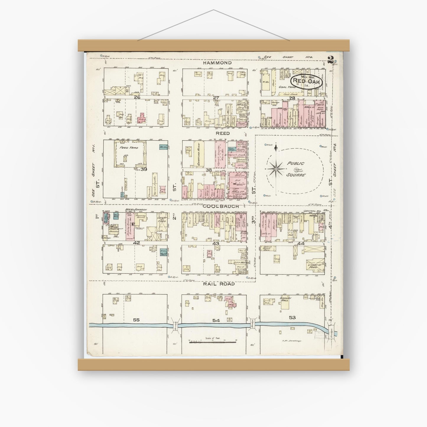 Old map wall art mockup — magnetic wood frame on white wall — Sanborn Fire Insurance Map from Red Oak, Montgomery County, Iowa (1886), Sheet #0002