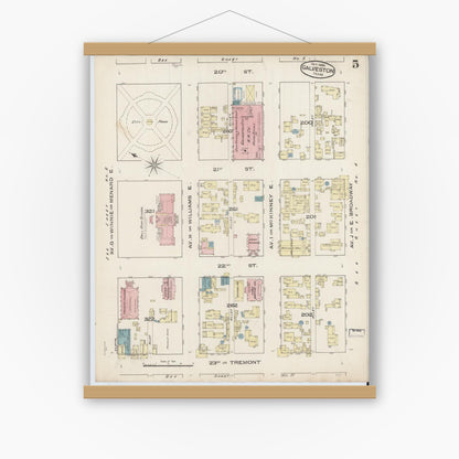 Old map wall art mockup — magnetic wood frame on white wall — Sanborn Fire Insurance Map from Galveston, Galveston County, Texas (1885), Sheet #0005