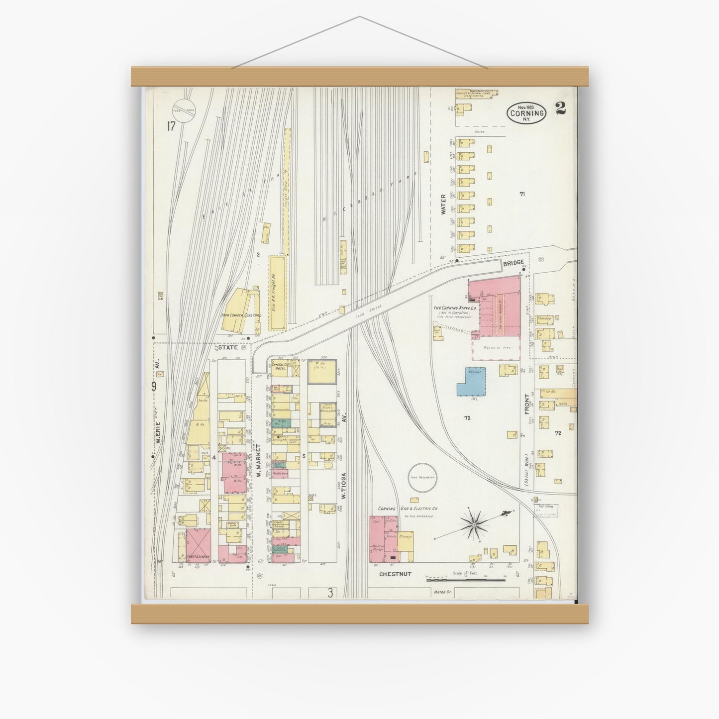 Old map wall art mockup — magnetic wood frame on white wall — Sanborn Fire Insurance Map from Corning, Steuben County, New York (1903) - Complete Map Set