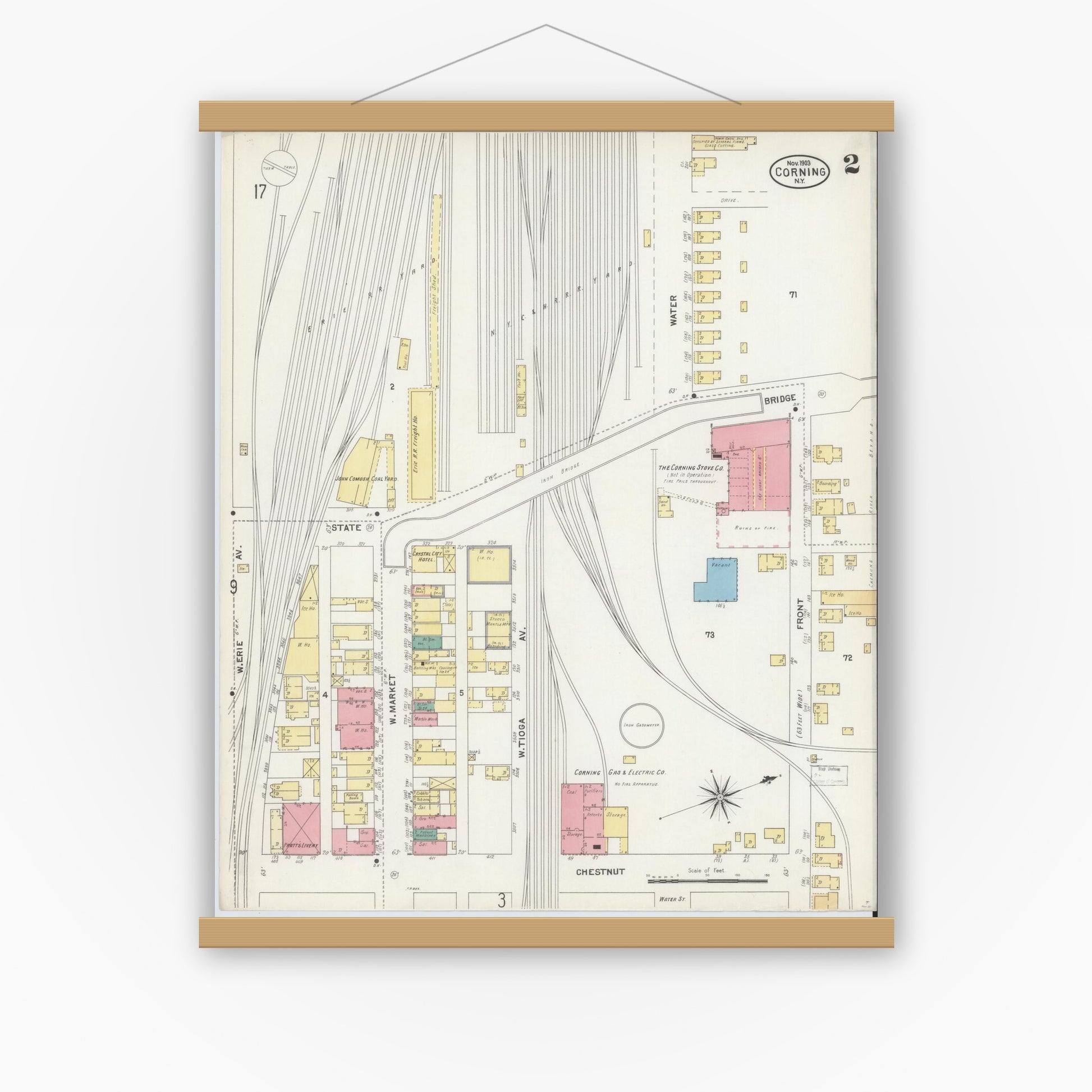 Old map wall art mockup — magnetic wood frame on white wall — Sanborn Fire Insurance Map from Corning, Steuben County, New York (1903) - Complete Map Set