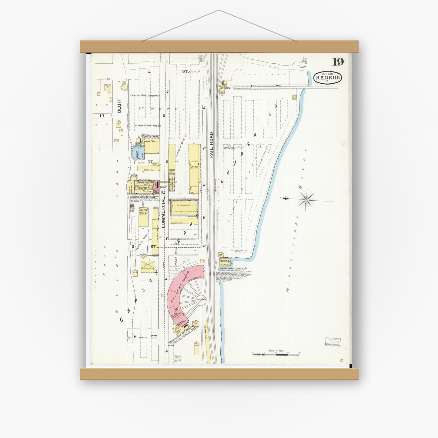 Old map wall art mockup — magnetic wood frame on white wall — Sanborn Fire Insurance Map from Keokuk, Lee County, Iowa (1893), Sheet #0019