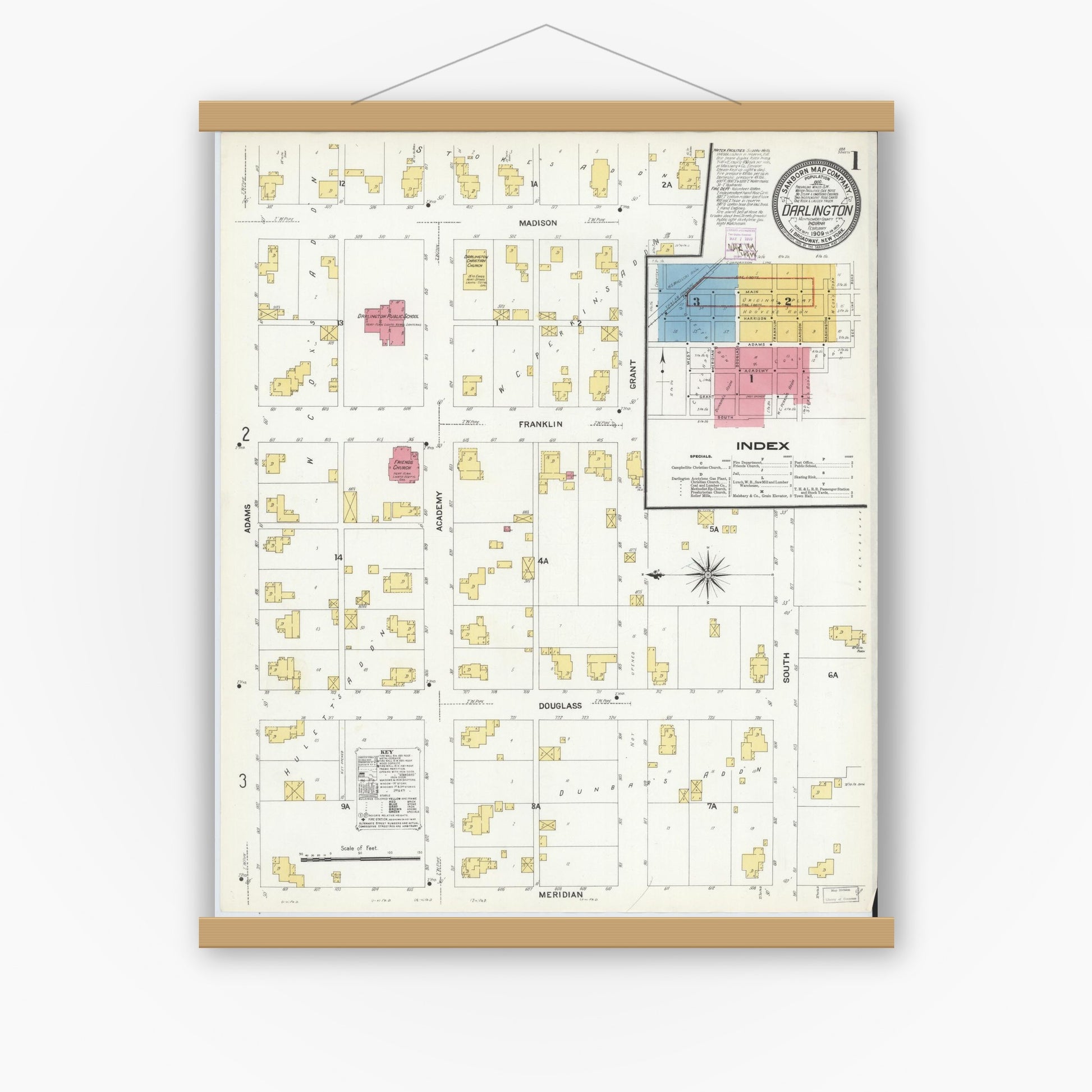 Old map wall art mockup — magnetic wood frame on white wall — Sanborn Fire Insurance Map from Darlington, Montgomery County, Indiana (1909), Sheet #0001