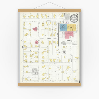 Old map wall art mockup — magnetic wood frame on white wall — Sanborn Fire Insurance Map from Darlington, Montgomery County, Indiana (1909), Sheet #0001