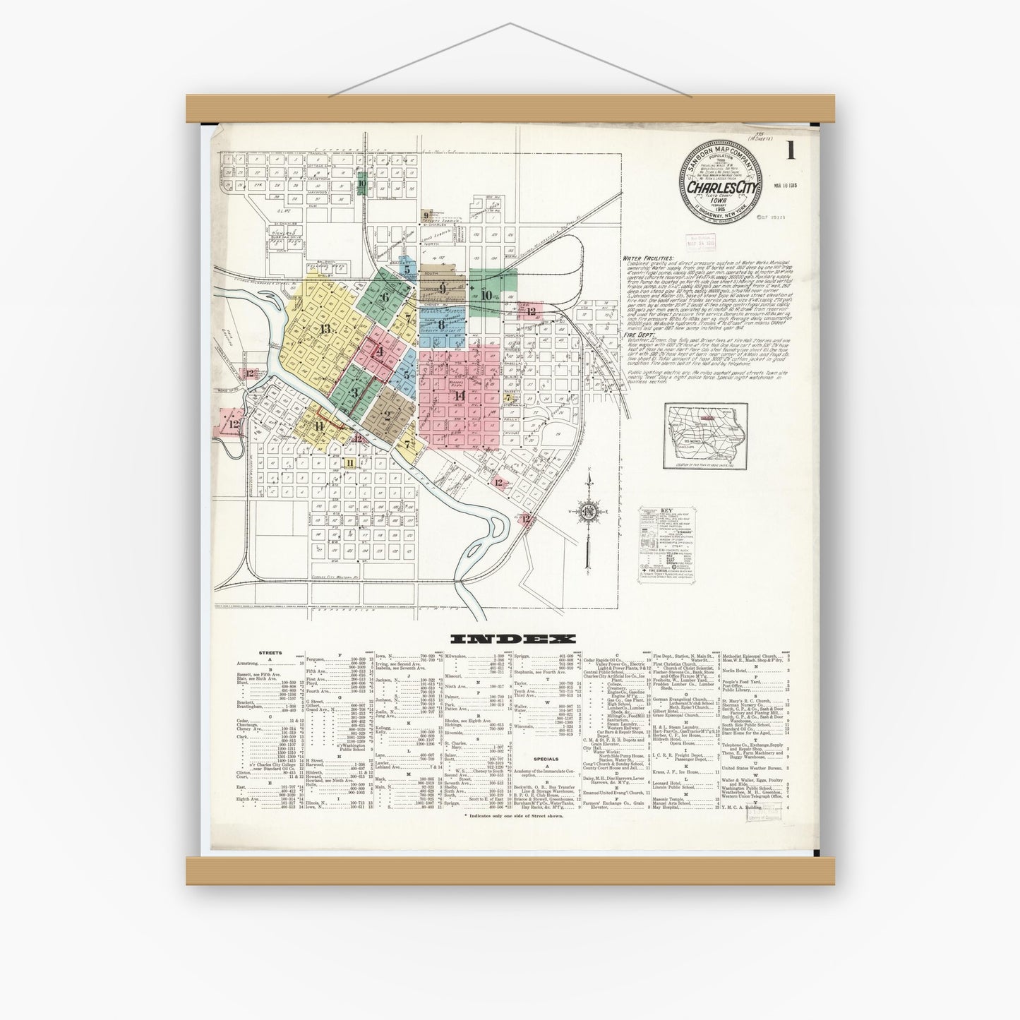 Old map wall art mockup — magnetic wood frame on white wall — Sanborn Fire Insurance Map from Charles City, Floyd County, Iowa (1915) â€” Complete Set