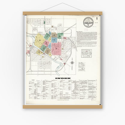 Old map wall art mockup — magnetic wood frame on white wall — Sanborn Fire Insurance Map from Charles City, Floyd County, Iowa (1915) â€” Complete Set