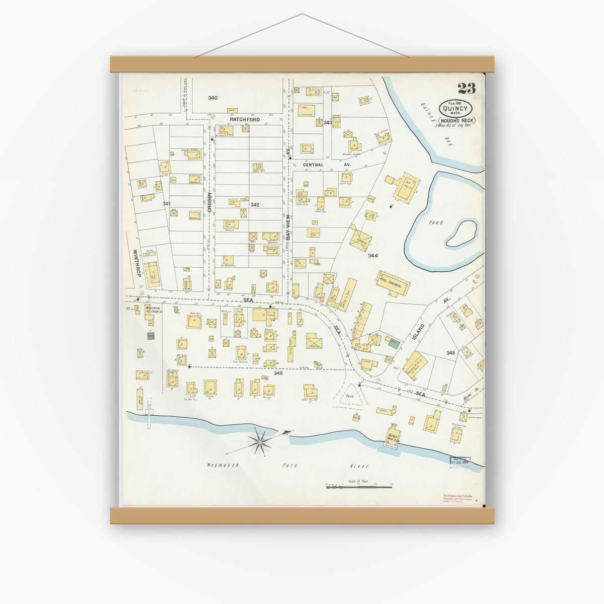 Old map wall art mockup — magnetic wood frame on white wall — Sanborn Fire Insurance Map from Quincy, Norfolk County, Massachusetts (1901), Sheet #0023