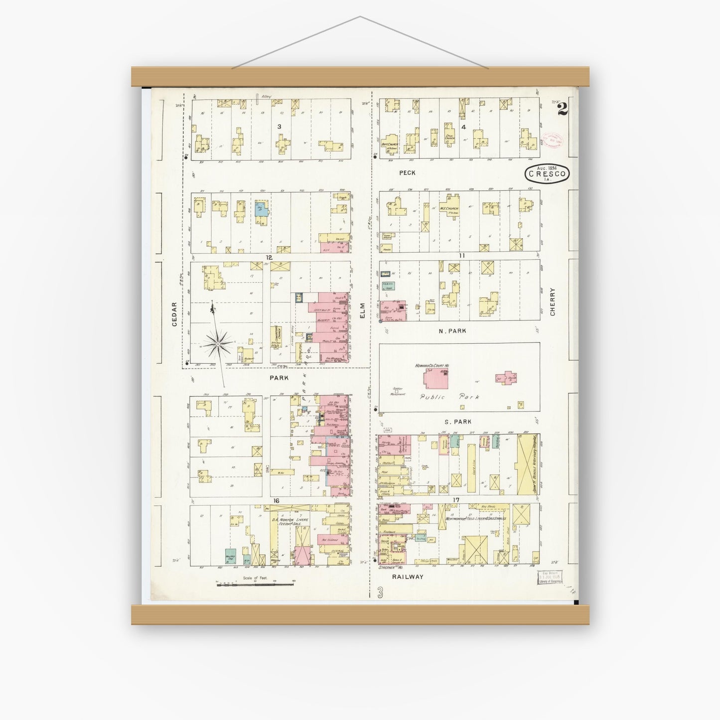 Old map wall art mockup — magnetic wood frame on white wall — Sanborn Fire Insurance Map from Cresco, Howard County, Iowa (1894), Sheet #0002