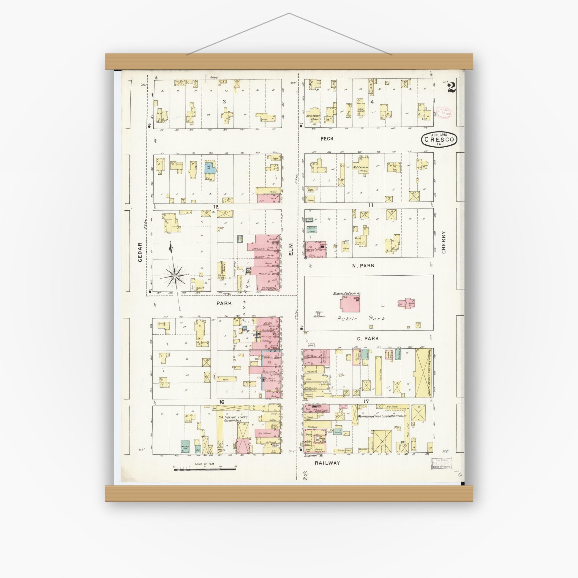 Old map wall art mockup — magnetic wood frame on white wall — Sanborn Fire Insurance Map from Cresco, Howard County, Iowa (1894), Sheet #0002