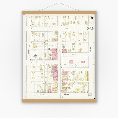 Old map wall art mockup — magnetic wood frame on white wall — Sanborn Fire Insurance Map from Cresco, Howard County, Iowa (1894), Sheet #0002