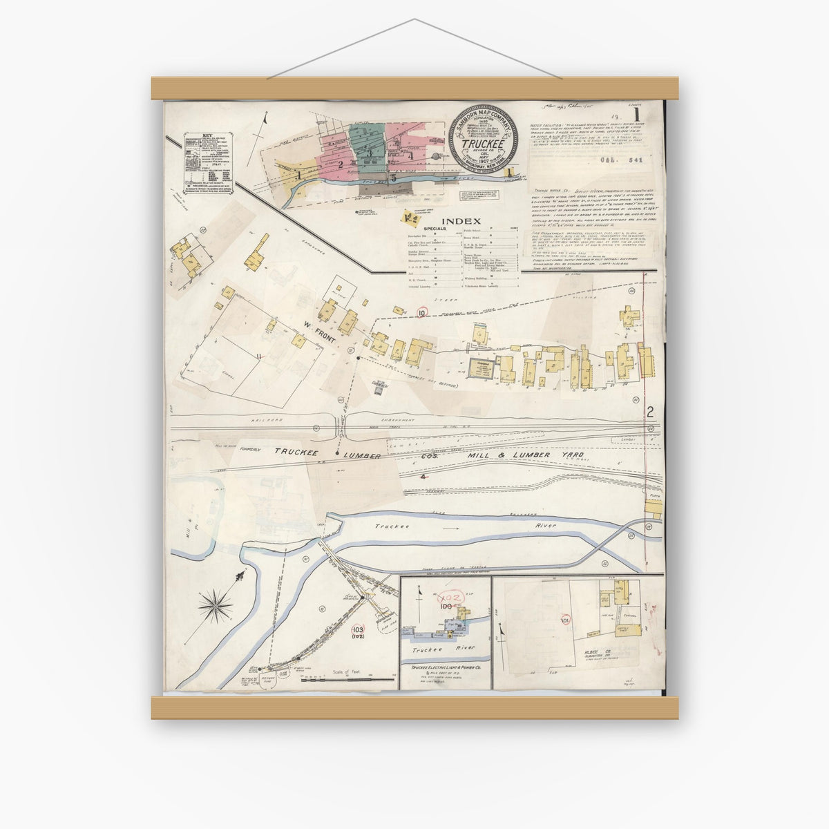Old map wall art mockup — magnetic wood frame on white wall — Sanborn Fire Insurance Map from Truckee, Nevada County, California (1933) - Complete Map Set