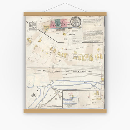 Old map wall art mockup — magnetic wood frame on white wall — Sanborn Fire Insurance Map from Truckee, Nevada County, California (1933) - Complete Map Set