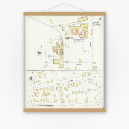 Old map wall art mockup — magnetic wood frame on white wall — Sanborn Fire Insurance Map from Kane, McKean County, Pennsylvania (1904), Sheet #0009