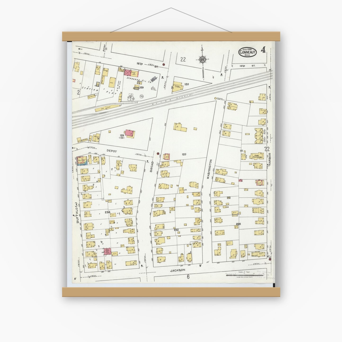 Old map wall art mockup — magnetic wood frame on white wall — Sanborn Fire Insurance Map from Conneaut, Ashtabula County, Ohio (1919), Sheet #0004