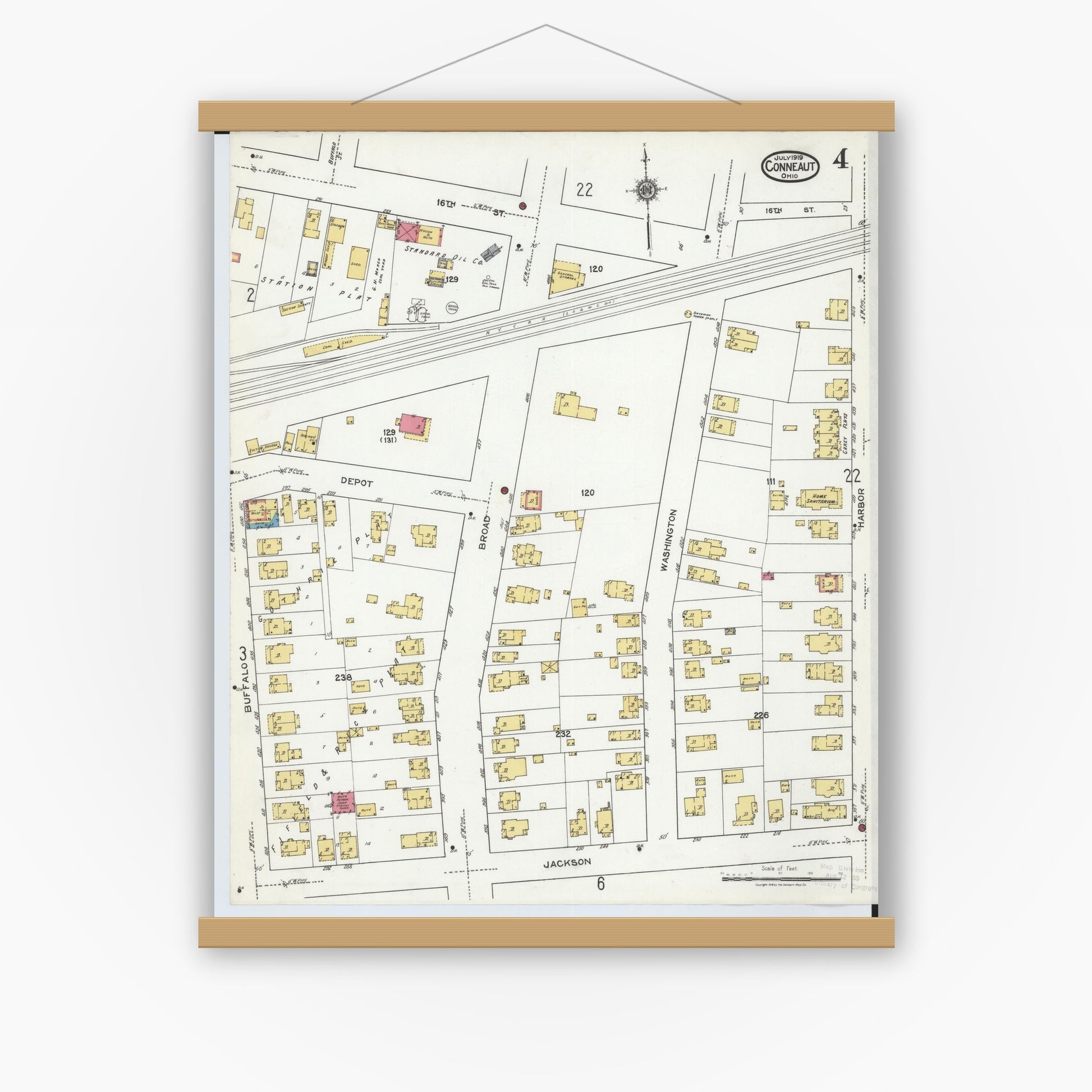 Old map wall art mockup — magnetic wood frame on white wall — Sanborn Fire Insurance Map from Conneaut, Ashtabula County, Ohio (1919), Sheet #0004