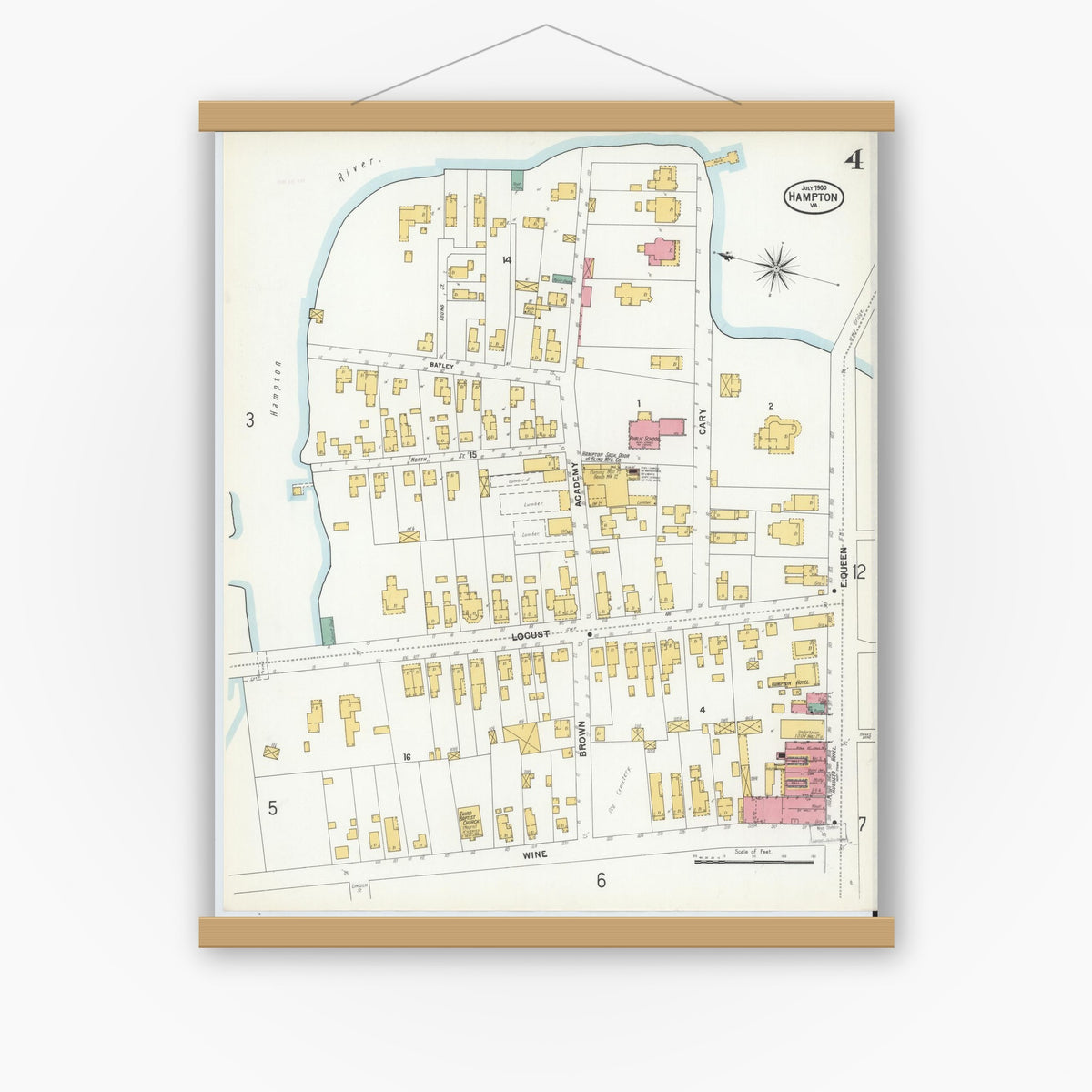 Old map wall art mockup — magnetic wood frame on white wall — Sanborn Fire Insurance Map from Hampton, Independent Cities, Virginia (1900), Sheet #0004