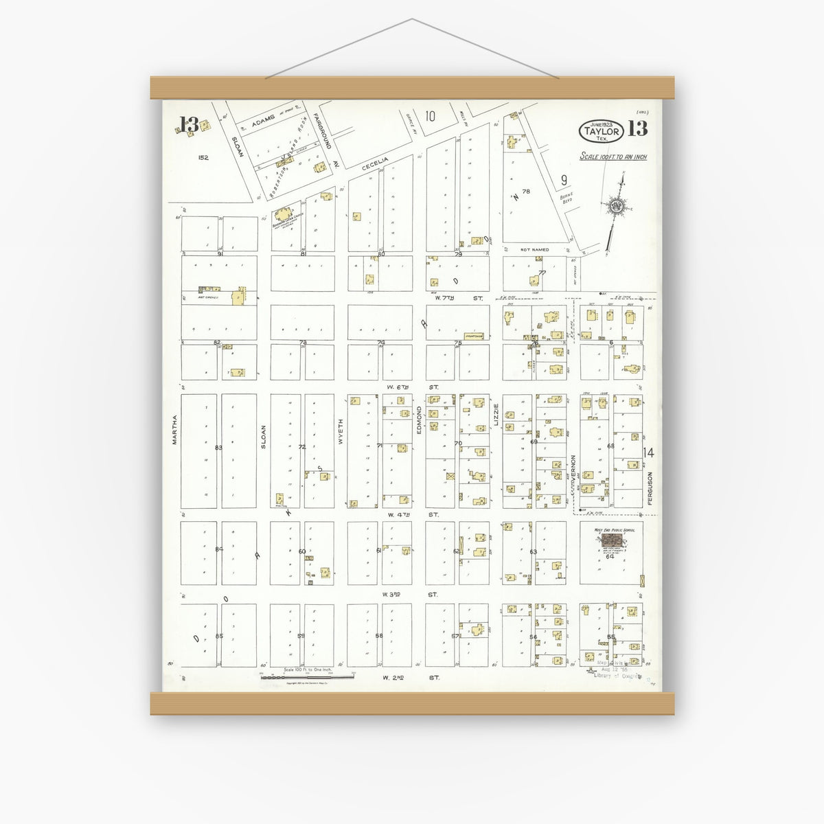 Old map wall art mockup — magnetic wood frame on white wall — Sanborn Fire Insurance Map from Taylor, Williamson County, Texas (1923), Sheet #0013