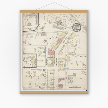 Old map wall art mockup — magnetic wood frame on white wall — Sanborn Fire Insurance Map from Pittsburg, Camp County, Texas (1885), Sheet #0001