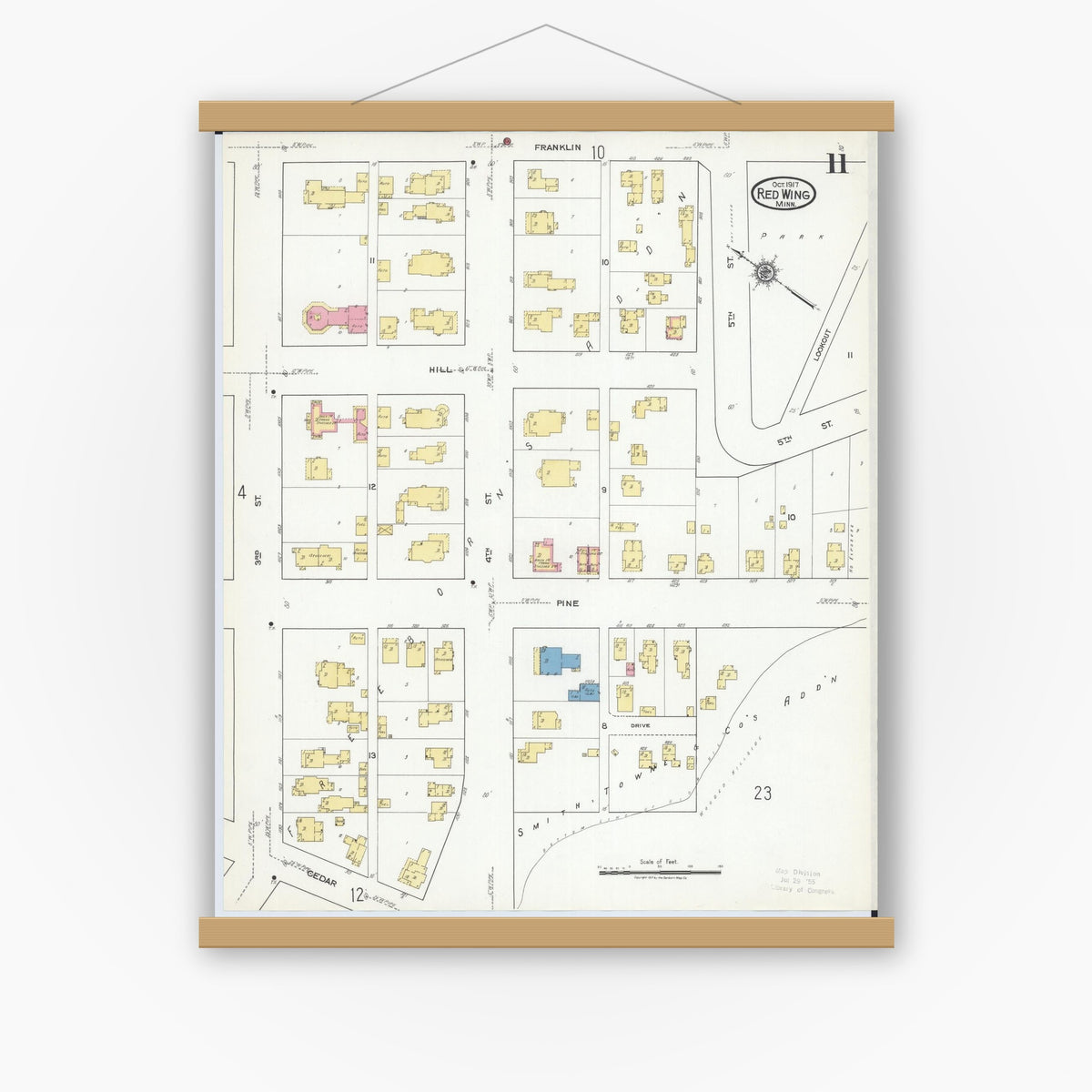 Old map wall art mockup — magnetic wood frame on white wall — Sanborn Fire Insurance Map from Red Wing, Goodhue County, Minnesota (1917), Sheet #0011