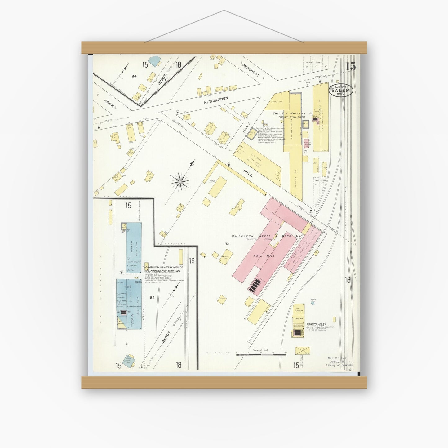 Old map wall art mockup — magnetic wood frame on white wall — Sanborn Fire Insurance Map from Salem, Columbiana County, Ohio (1909), Sheet #0015