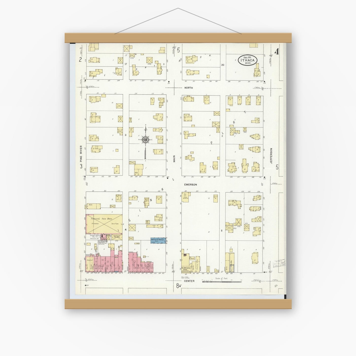 Old map wall art mockup — magnetic wood frame on white wall — Sanborn Fire Insurance Map from Ithaca, Gratiot County, Michigan (1911), Sheet #0004
