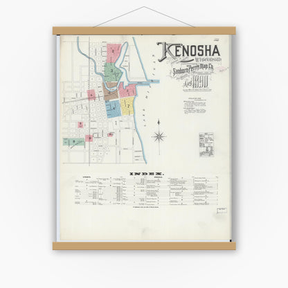 Old map wall art mockup — magnetic wood frame on white wall — Sanborn Fire Insurance Map from Kenosha, Kenosha County, Wisconsin (1890) - Complete Map Set