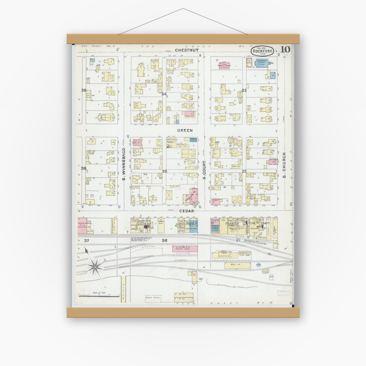 Old map wall art mockup — magnetic wood frame on white wall — Sanborn Fire Insurance Map from Rockford, Winnebago County, Illinois (1891), Sheet #0010