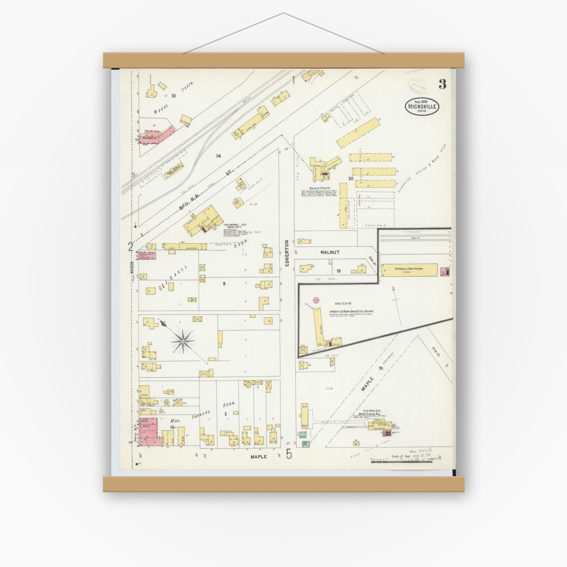 Old map wall art mockup — magnetic wood frame on white wall — Sanborn Fire Insurance Map from Hicksville, Defiance County, Ohio (1899), Sheet #0003