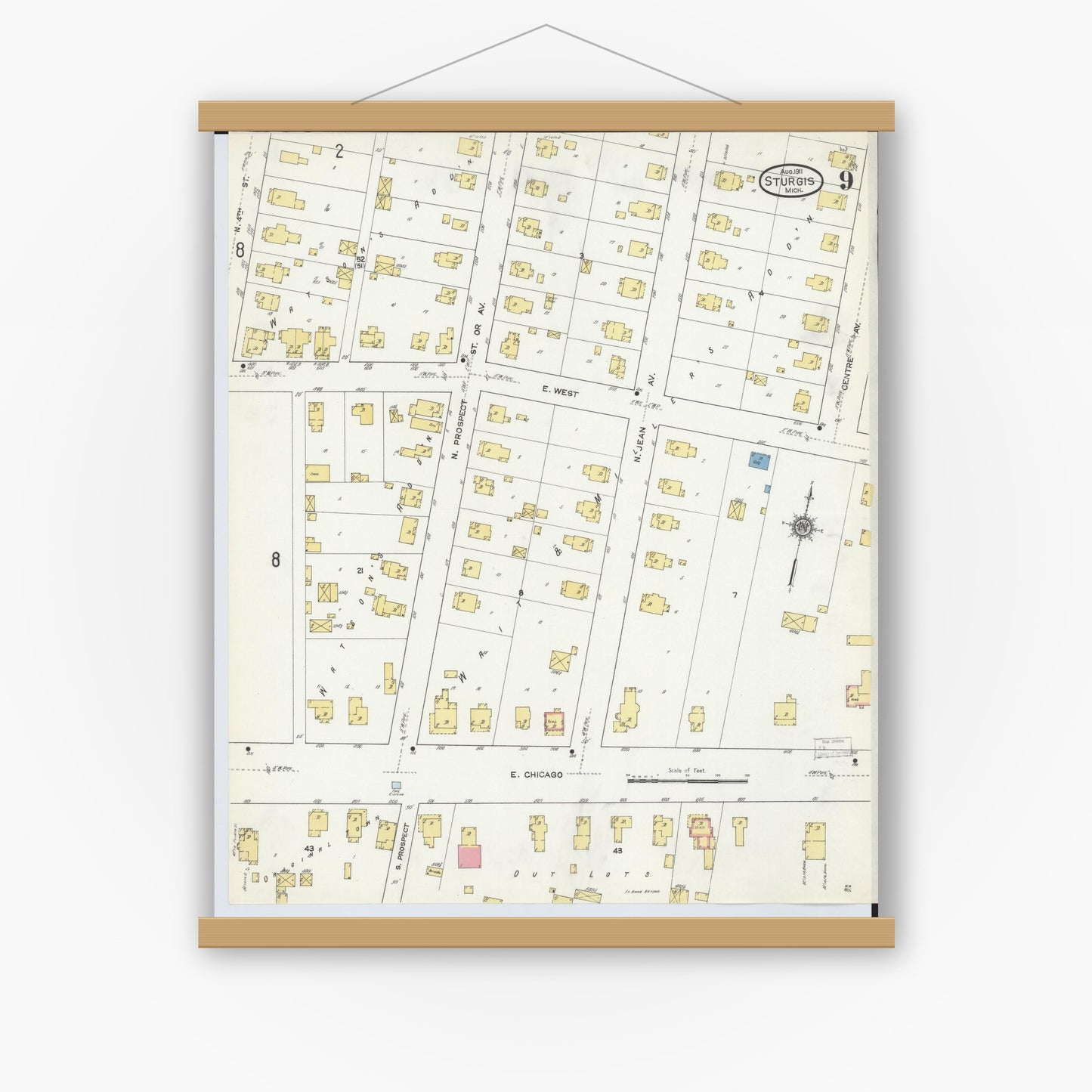 Old map wall art mockup — magnetic wood frame on white wall — Sanborn Fire Insurance Map from Sturgis, Saint Joseph County, Michigan (1911), Sheet #0009