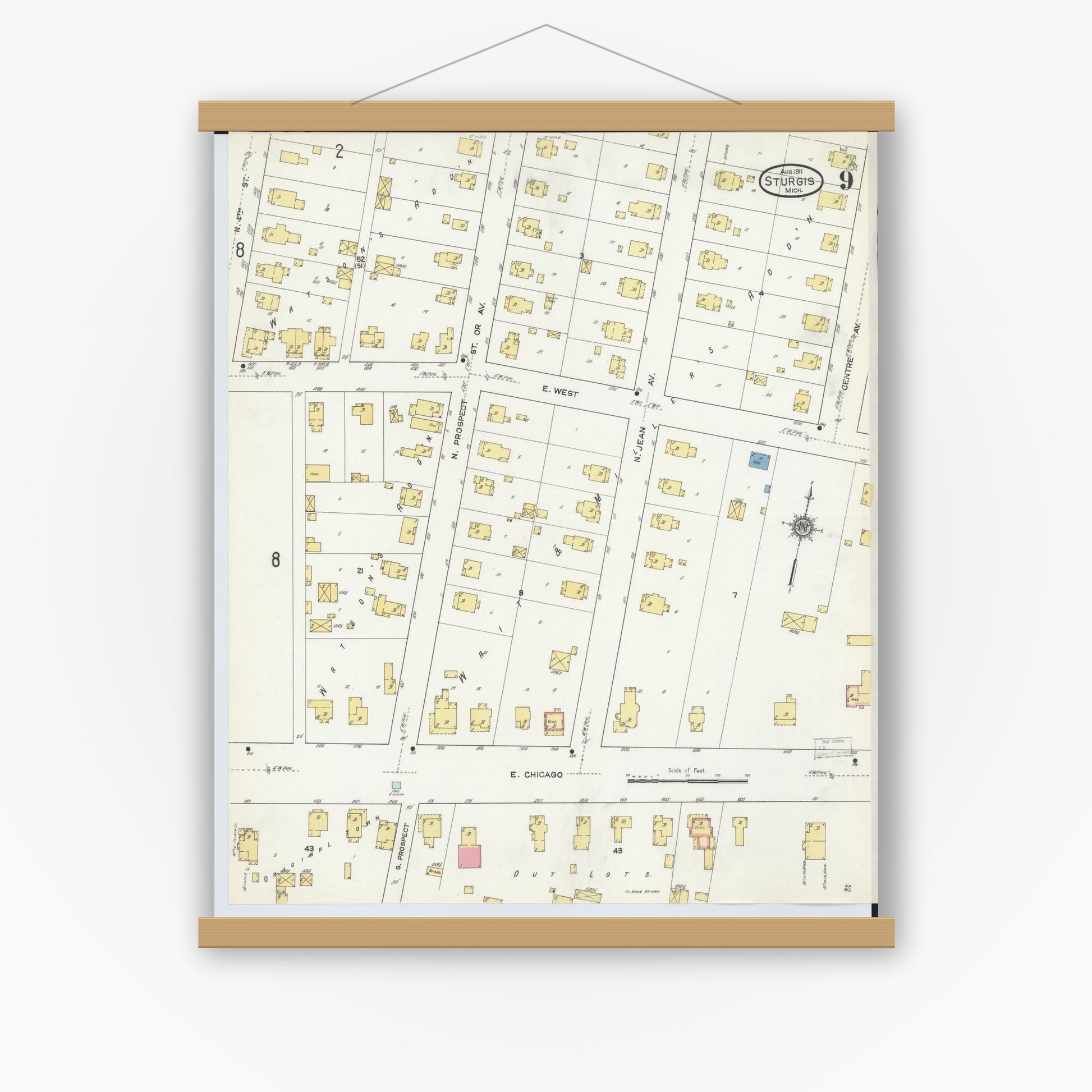 Old map wall art mockup — magnetic wood frame on white wall — Sanborn Fire Insurance Map from Sturgis, Saint Joseph County, Michigan (1911), Sheet #0009