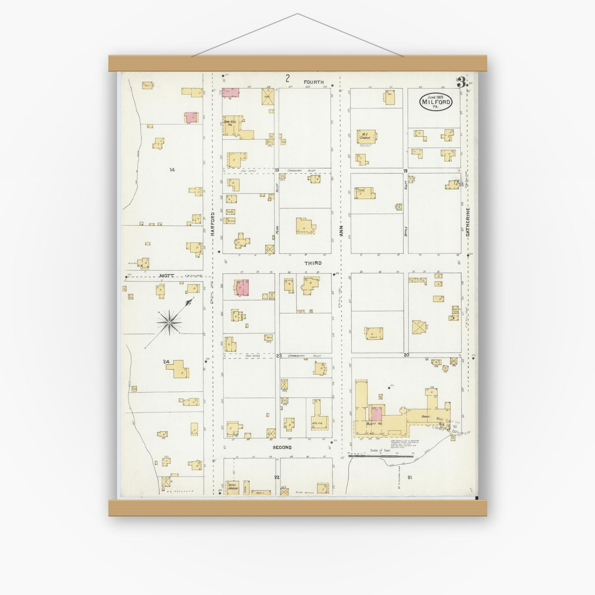 Old map wall art mockup — magnetic wood frame on white wall — Sanborn Fire Insurance Map from Milford, Pike County, Pennsylvania (1905), Sheet #0003