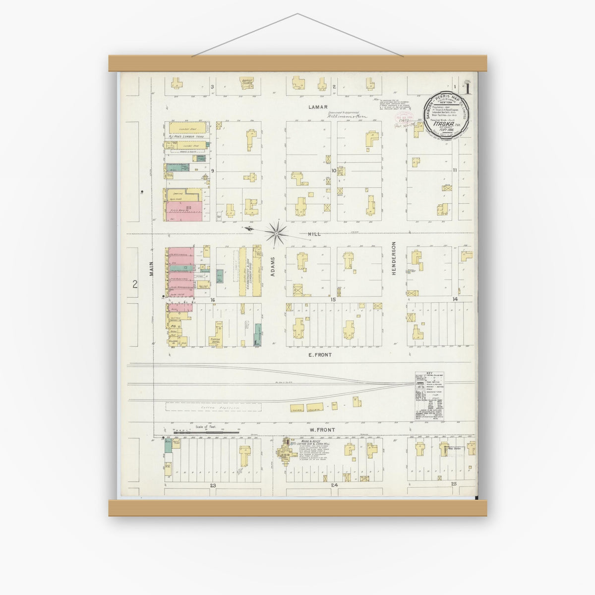 Old map wall art mockup — magnetic wood frame on white wall — Sanborn Fire Insurance Map from Itasca, Hill County, Texas (1896) - Complete Map Set