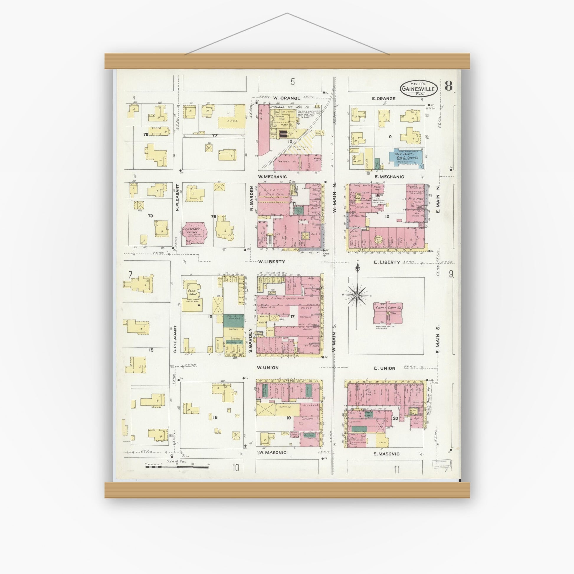 Old map wall art mockup — magnetic wood frame on white wall — Sanborn Fire Insurance Map from Gainesville, Alachua County, Florida (1909), Sheet #0008