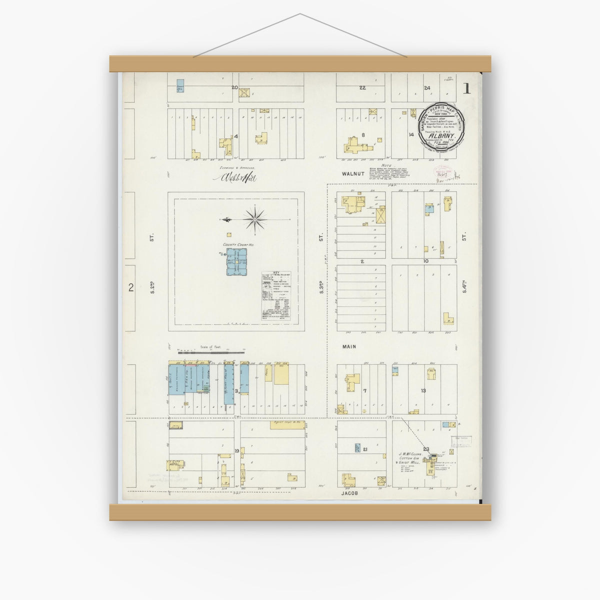 Old map wall art mockup — magnetic wood frame on white wall — Sanborn Fire Insurance Map from Albany, Shackelford County, Texas (1896) - Complete Map Set