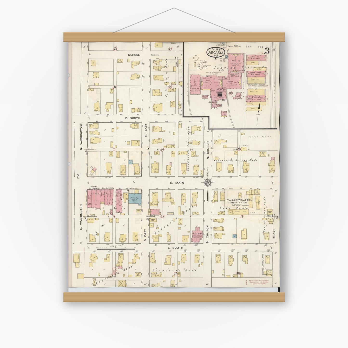 Old map wall art mockup — magnetic wood frame on white wall — Sanborn Fire Insurance Map from Arcadia, Hamilton County, Indiana (1933), Sheet #0003