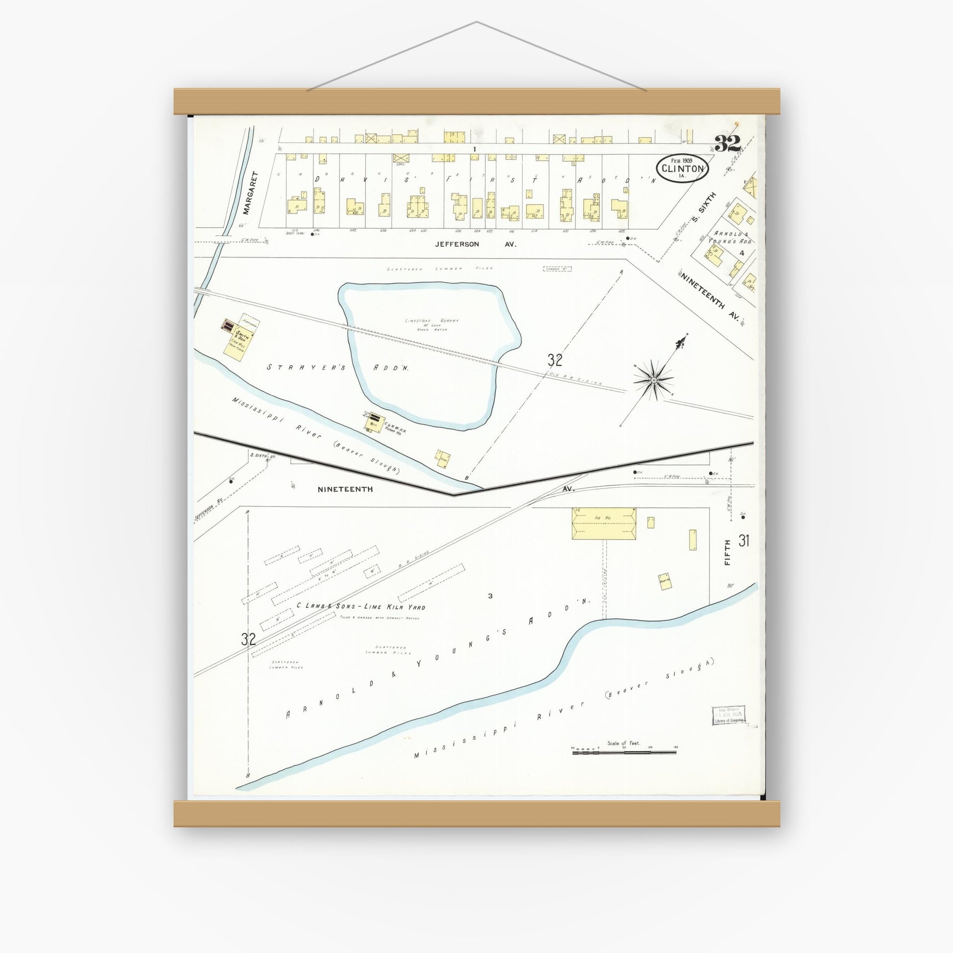 Old map wall art mockup — magnetic wood frame on white wall — Sanborn Fire Insurance Map from Clinton, Clinton County, Iowa (1909), Sheet #0032