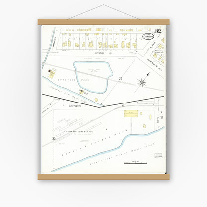 Old map wall art mockup — magnetic wood frame on white wall — Sanborn Fire Insurance Map from Clinton, Clinton County, Iowa (1909), Sheet #0032