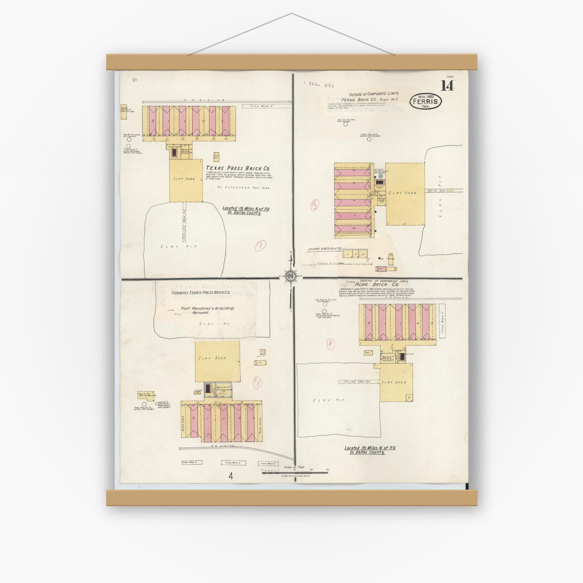 Old map wall art mockup — magnetic wood frame on white wall — Sanborn Fire Insurance Map from Ferris, Ellis County, Texas (1941), Sheet #0014