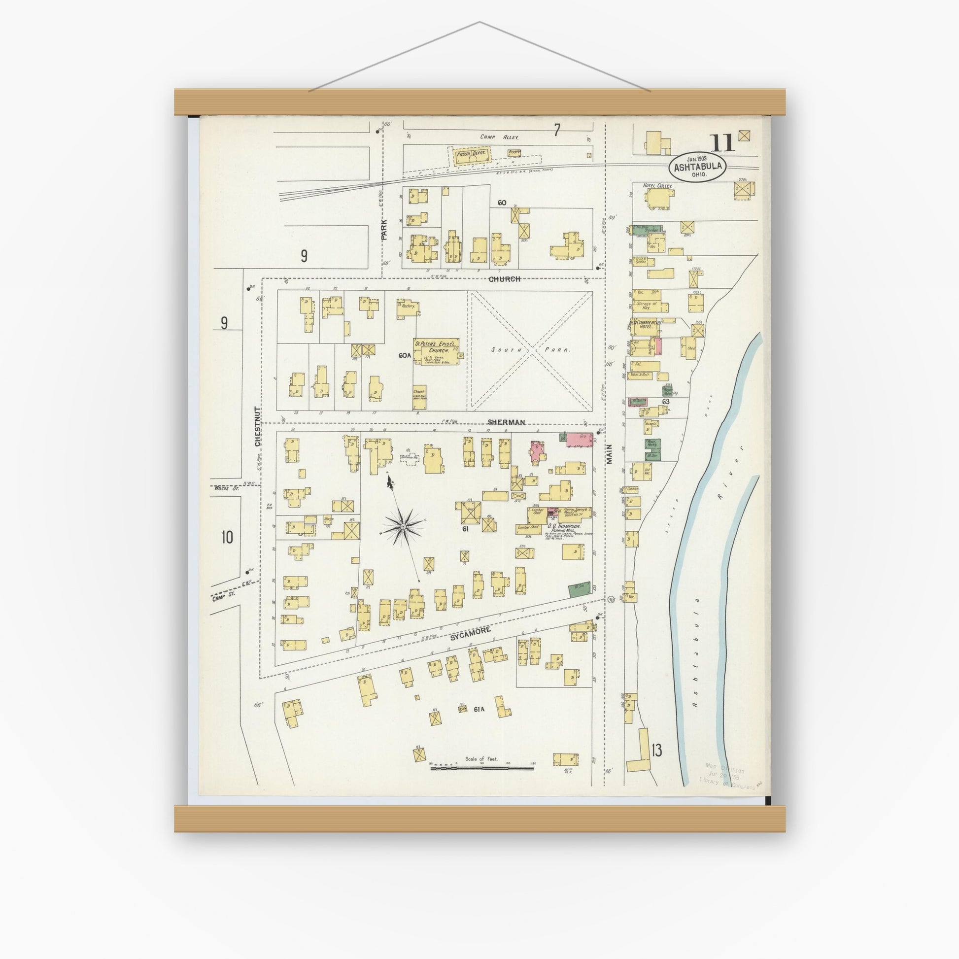 Old map wall art mockup — magnetic wood frame on white wall — Sanborn Fire Insurance Map from Ashtabula, Ashtabula County, Ohio (1903), Sheet #0011