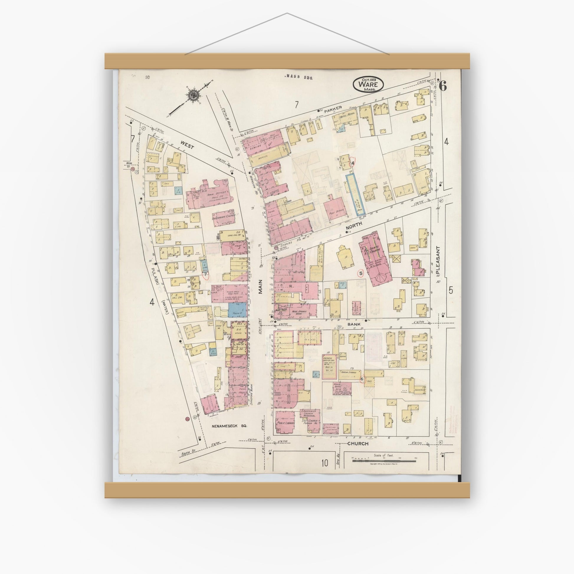 Old map wall art mockup — magnetic wood frame on white wall — Sanborn Fire Insurance Map from Ware, Hampshire County, Massachusetts (1946), Sheet #0006