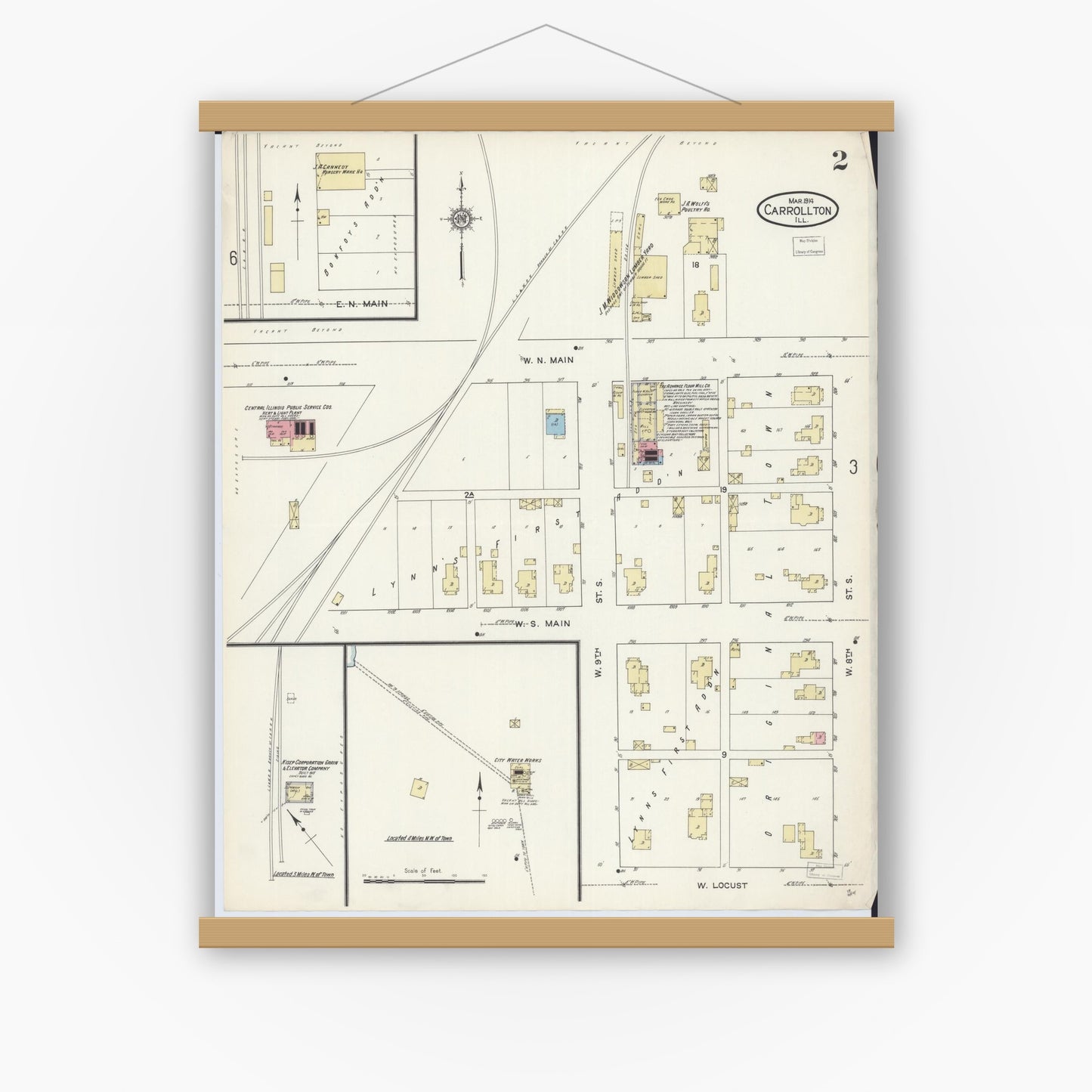 Old map wall art mockup — magnetic wood frame on white wall — Sanborn Fire Insurance Map from Carrollton, Greene County, Illinois (1914), Sheet #0002