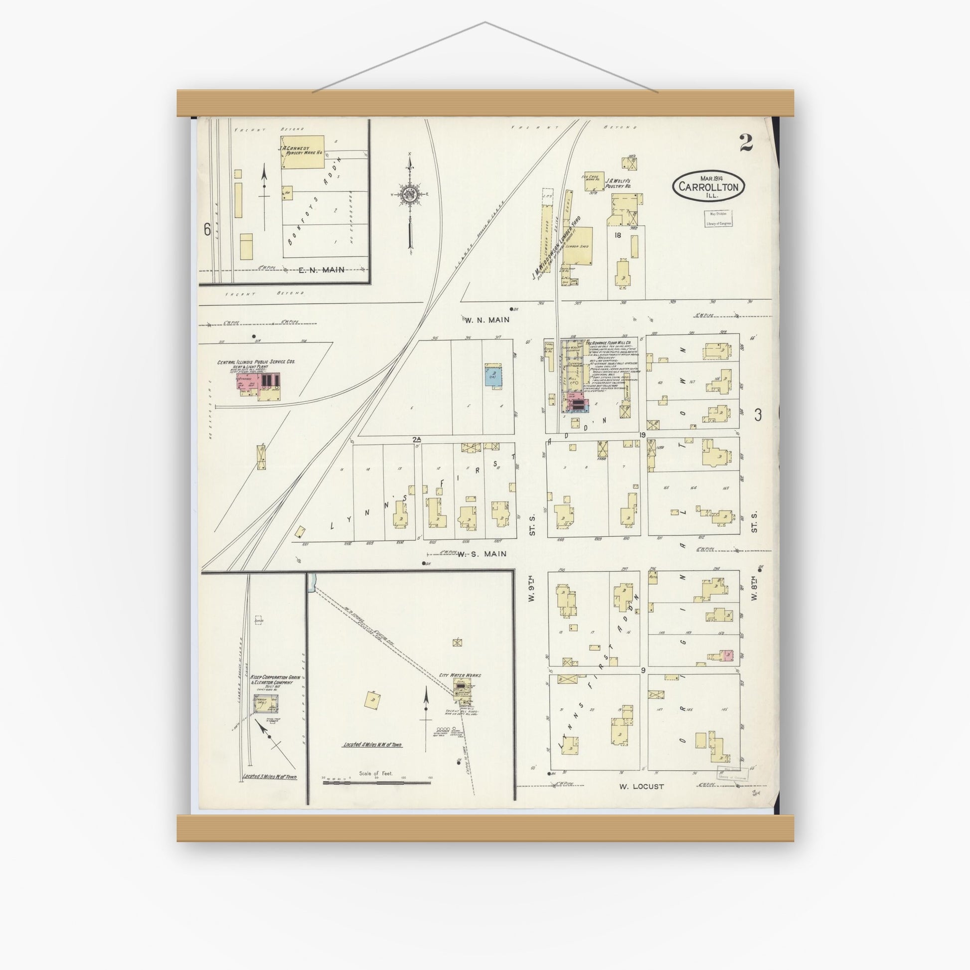 Old map wall art mockup — magnetic wood frame on white wall — Sanborn Fire Insurance Map from Carrollton, Greene County, Illinois (1914), Sheet #0002