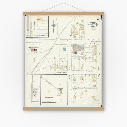 Old map wall art mockup — magnetic wood frame on white wall — Sanborn Fire Insurance Map from Carrollton, Greene County, Illinois (1914), Sheet #0002