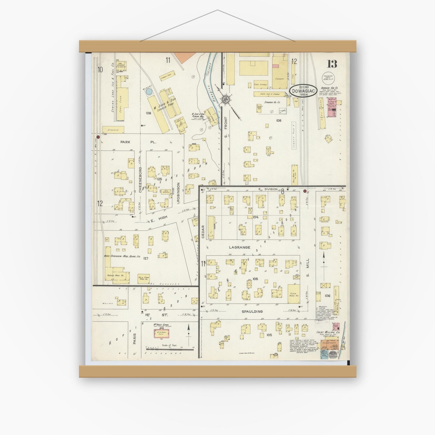 Old map wall art mockup — magnetic wood frame on white wall — Sanborn Fire Insurance Map from Dowagiac, Cass County, Michigan (1913), Sheet #0013