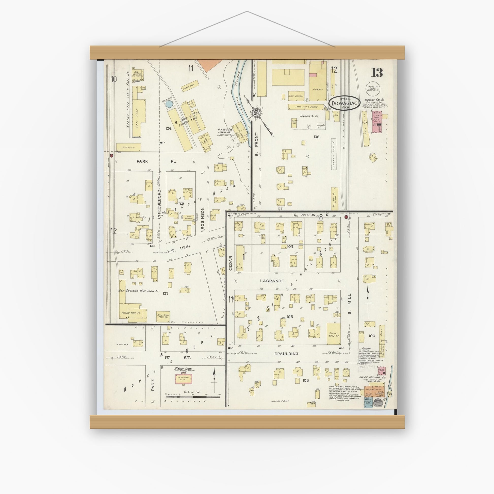 Old map wall art mockup — magnetic wood frame on white wall — Sanborn Fire Insurance Map from Dowagiac, Cass County, Michigan (1913), Sheet #0013