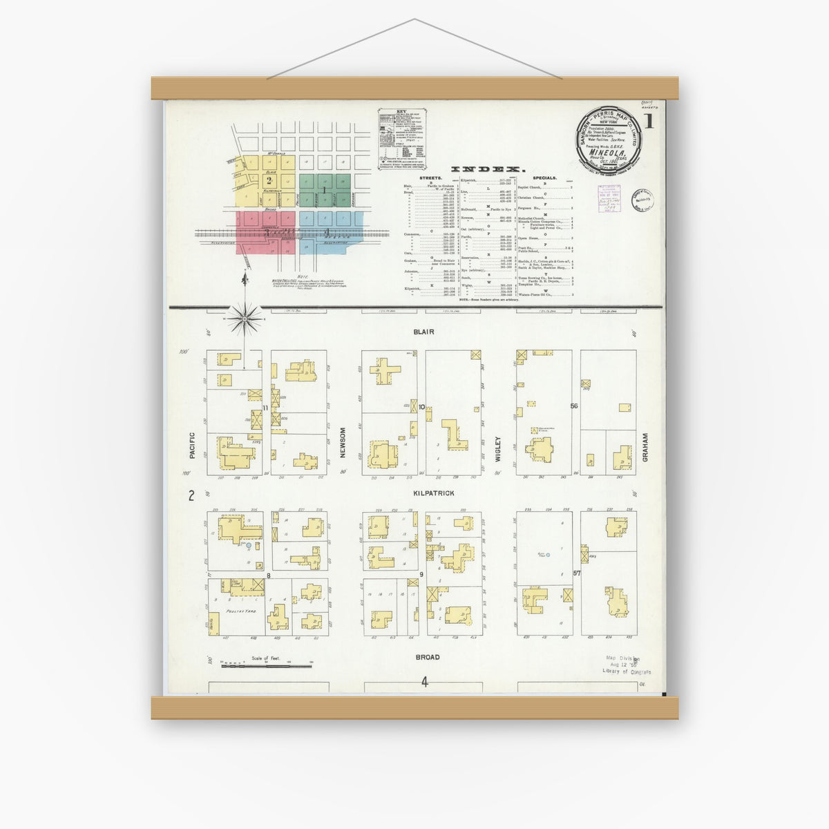 Old map wall art mockup — magnetic wood frame on white wall — Sanborn Fire Insurance Map from Mineola, Wood County, Texas (1901) - Complete Map Set