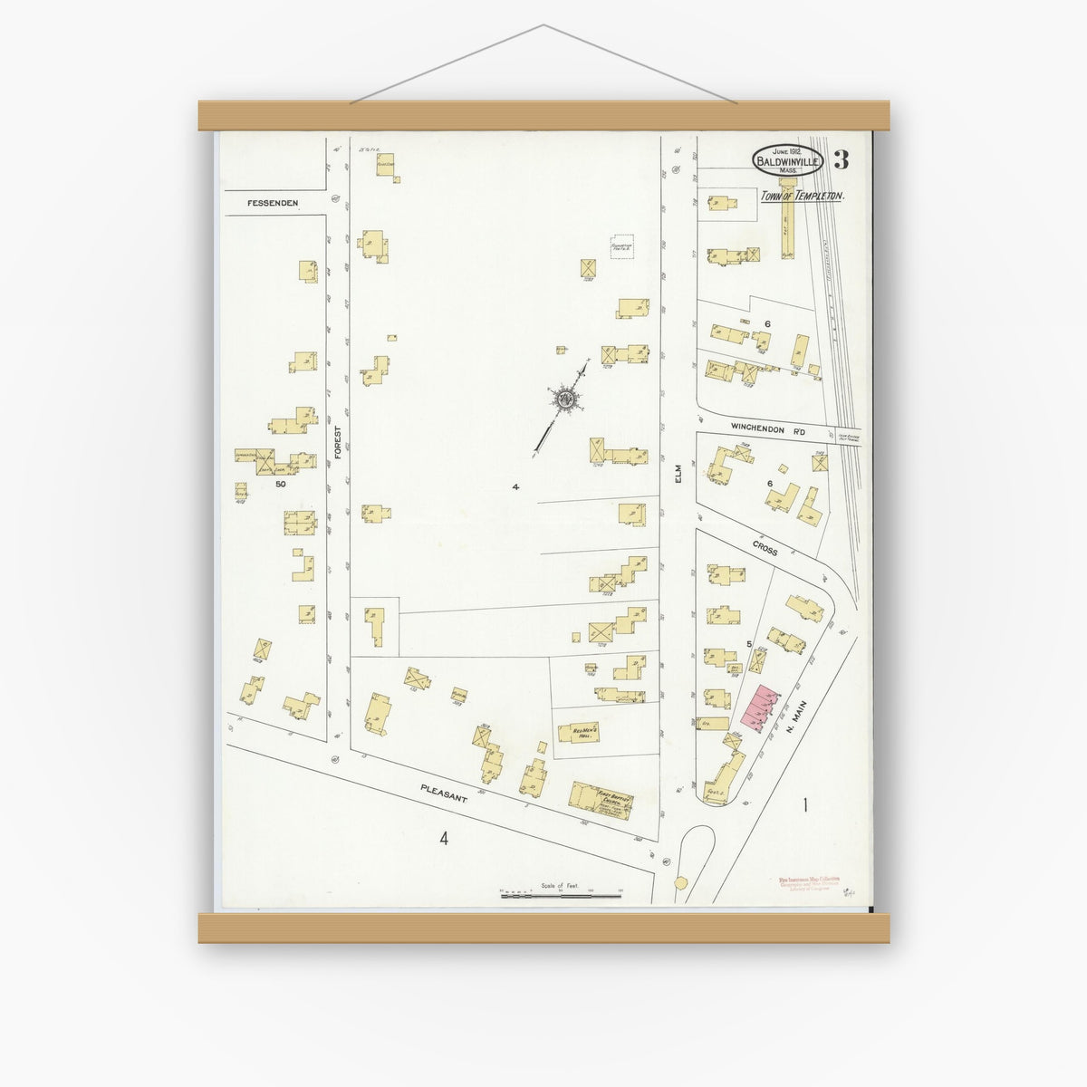 Old map wall art mockup — magnetic wood frame on white wall — Sanborn Fire Insurance Map from Baldwinville, Worcester County, Massachusetts (1912), Sheet #0003