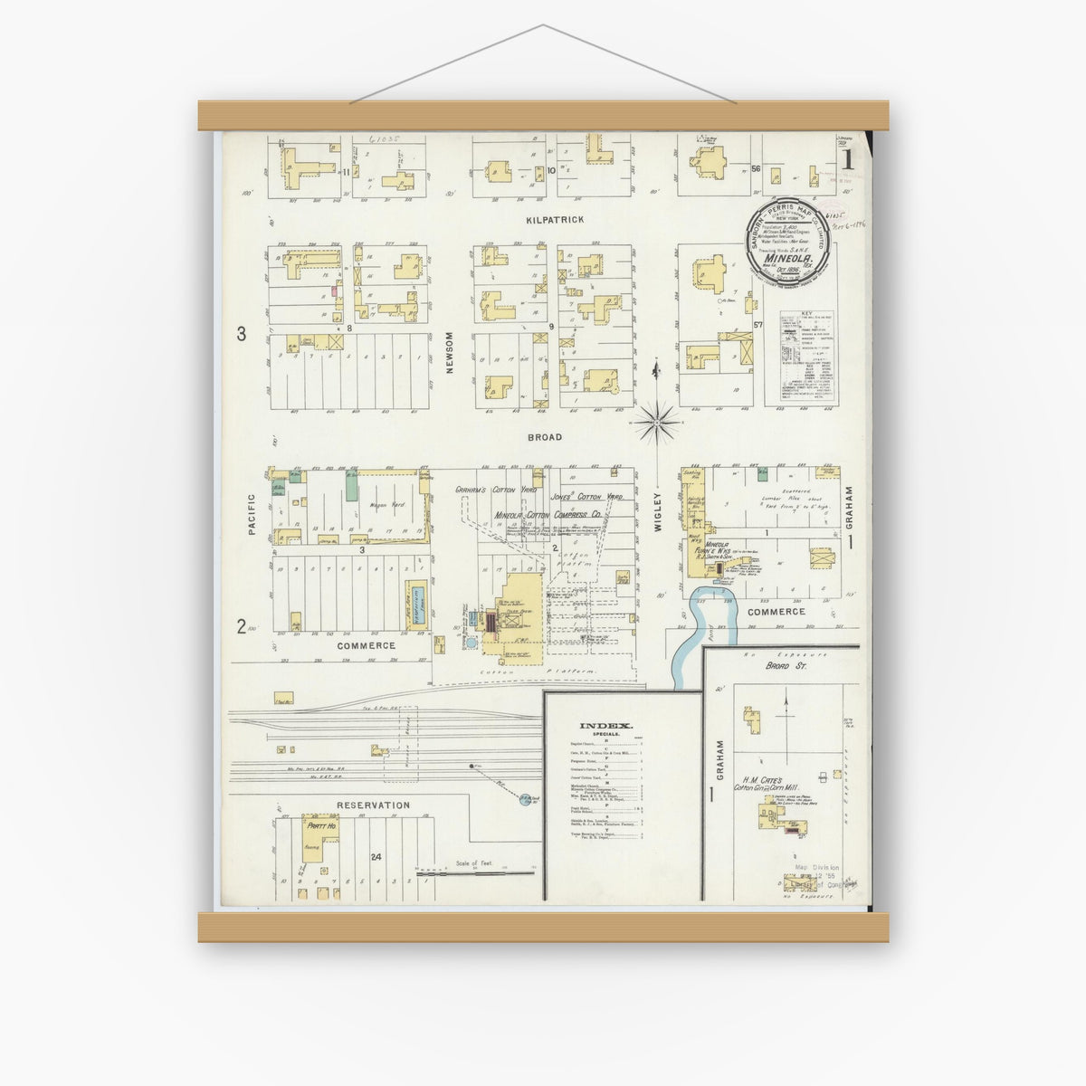 Old map wall art mockup — magnetic wood frame on white wall — Sanborn Fire Insurance Map from Mineola, Wood County, Texas (1896), Sheet #0001