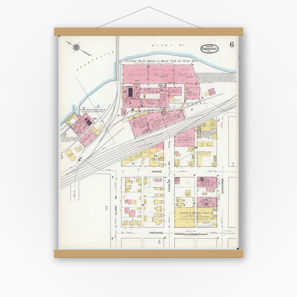 Old map wall art mockup — magnetic wood frame on white wall — Sanborn Fire Insurance Map from Freeport, Stephenson County, Illinois (1918), Sheet #0006