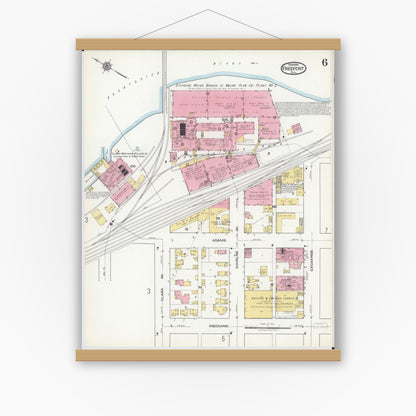 Old map wall art mockup — magnetic wood frame on white wall — Sanborn Fire Insurance Map from Freeport, Stephenson County, Illinois (1918), Sheet #0006
