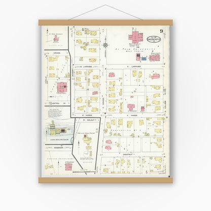 Old map wall art mockup — magnetic wood frame on white wall — Sanborn Fire Insurance Map from Greencastle, Putnam County, Indiana (1913), Sheet #0009